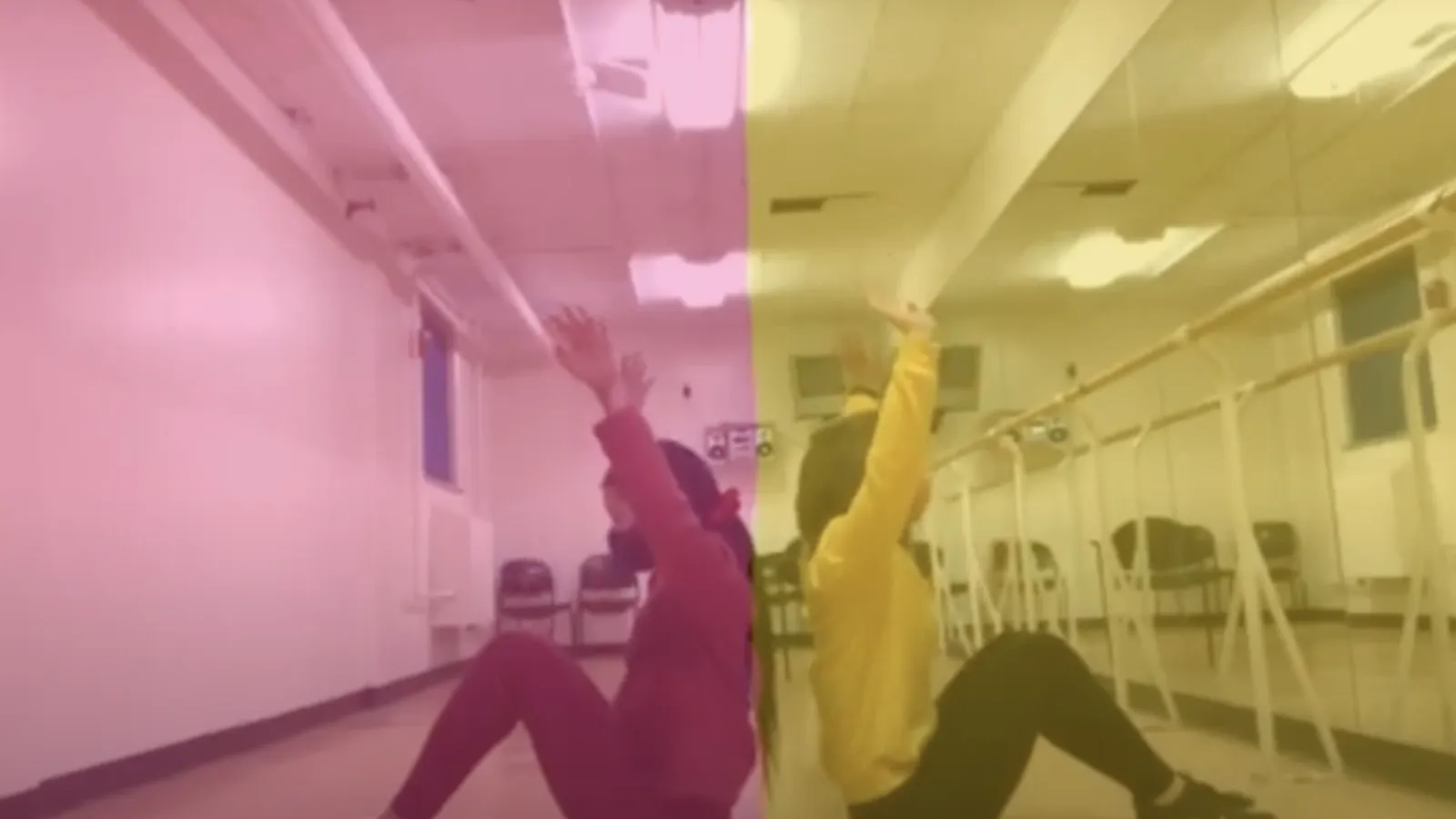 Art Scholars Engage the Arts exhibition header, shows two girls sitting back to back in a dance studio with two different color overlays creating a divide between them