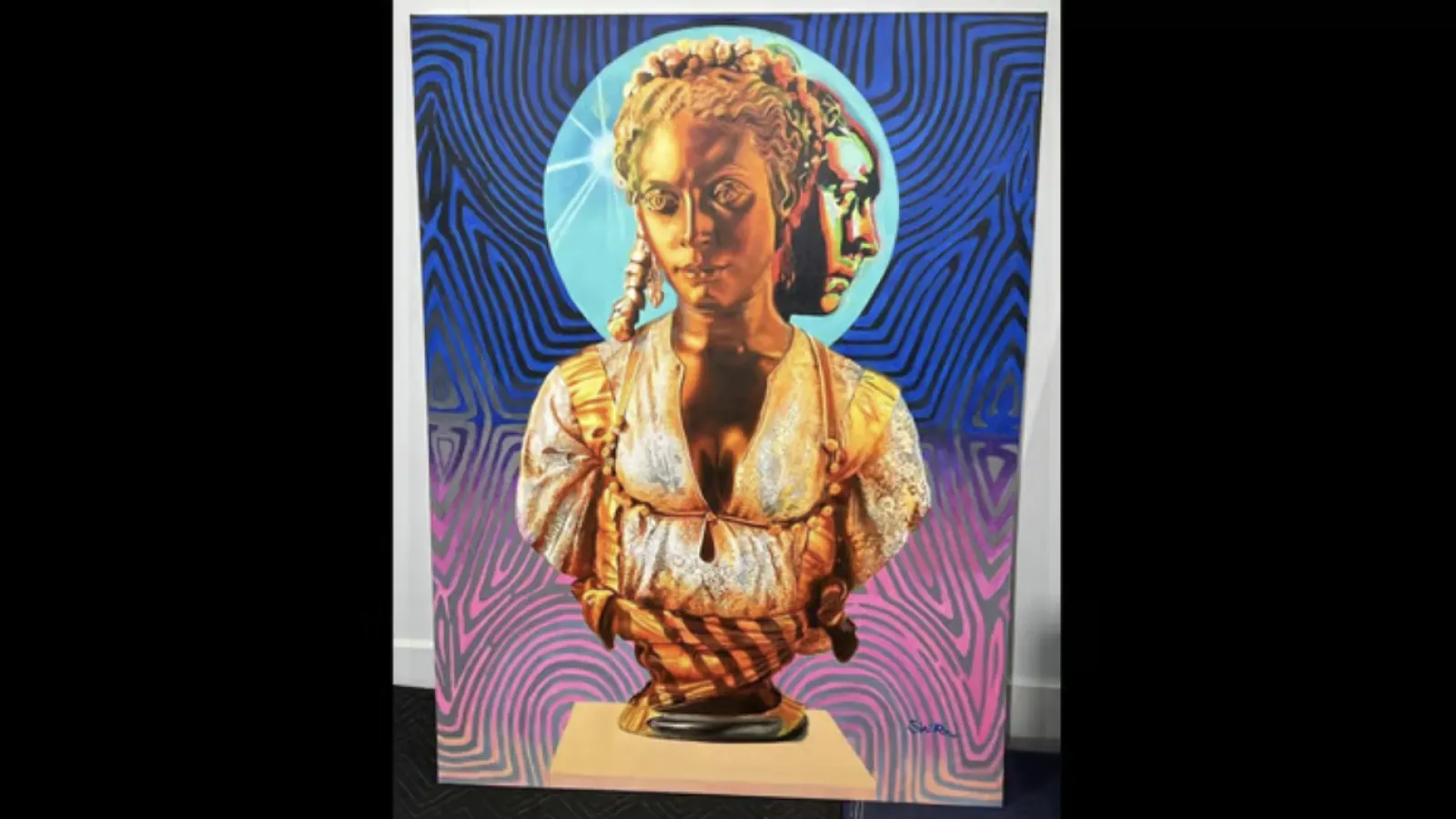 psinting depicting the bronze bust of a woman