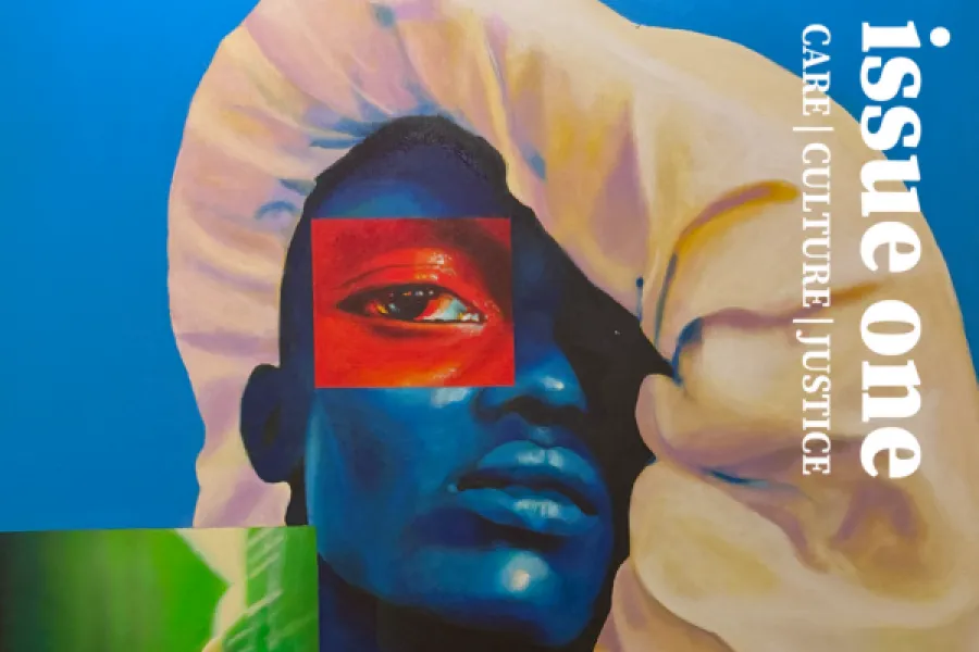 cropped painting of a person with blue skin and a white bonnet and a red square over one eye; text: issue one care culture justice