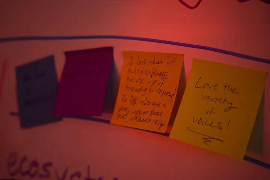 Post-it notes that read "love the variety of voices" and "Love that it's multidisciplinary"
