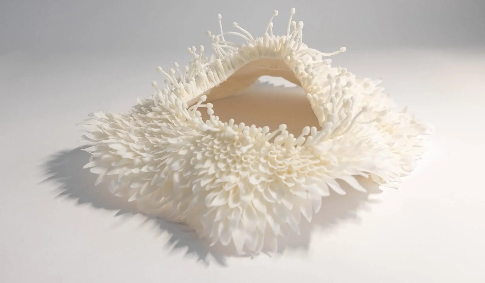 A delicate and intricate sculpture that opens like a sea urchin, with small mushroom like details extending
