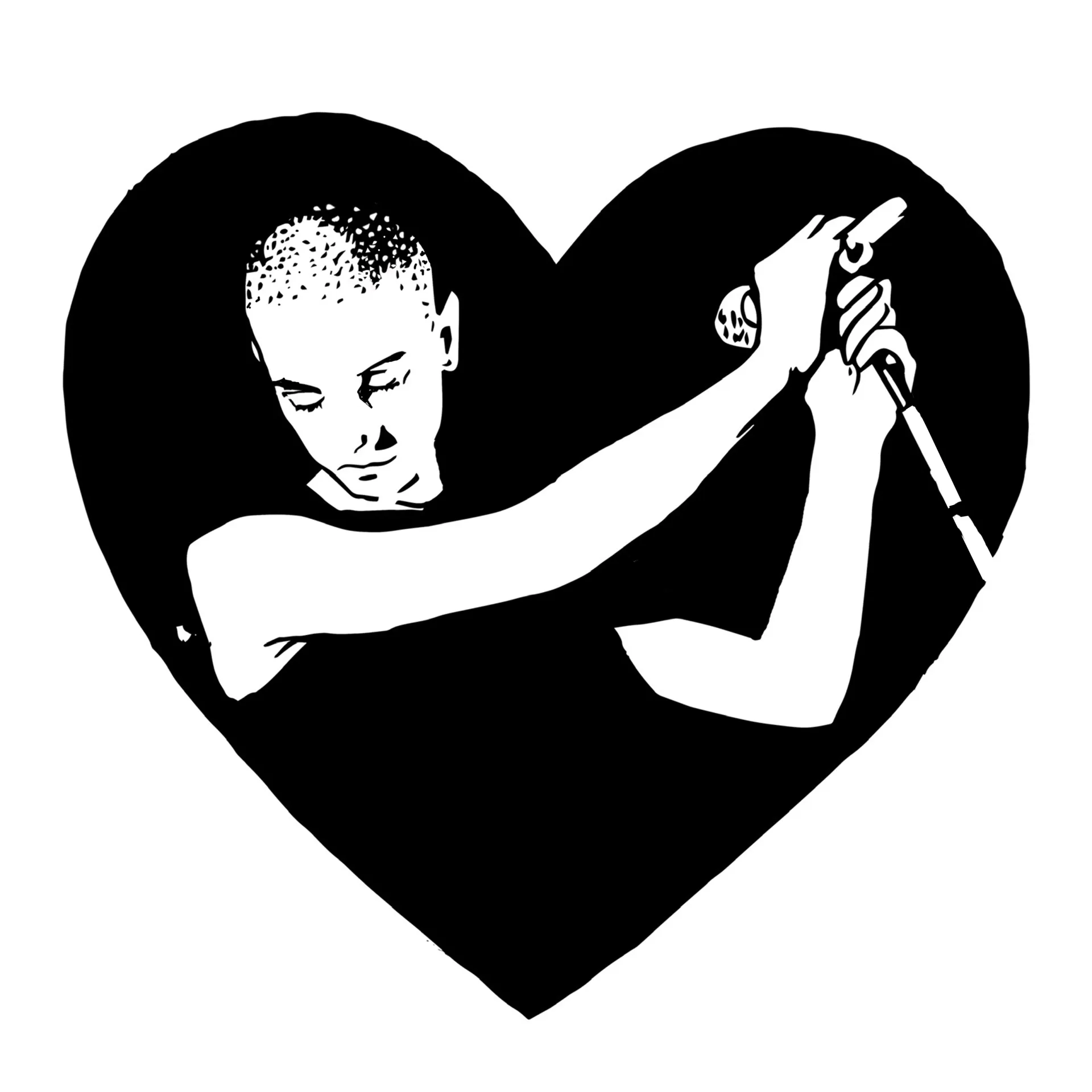ink drawing of Sinéad O'Connor with a microphone inside a black heart