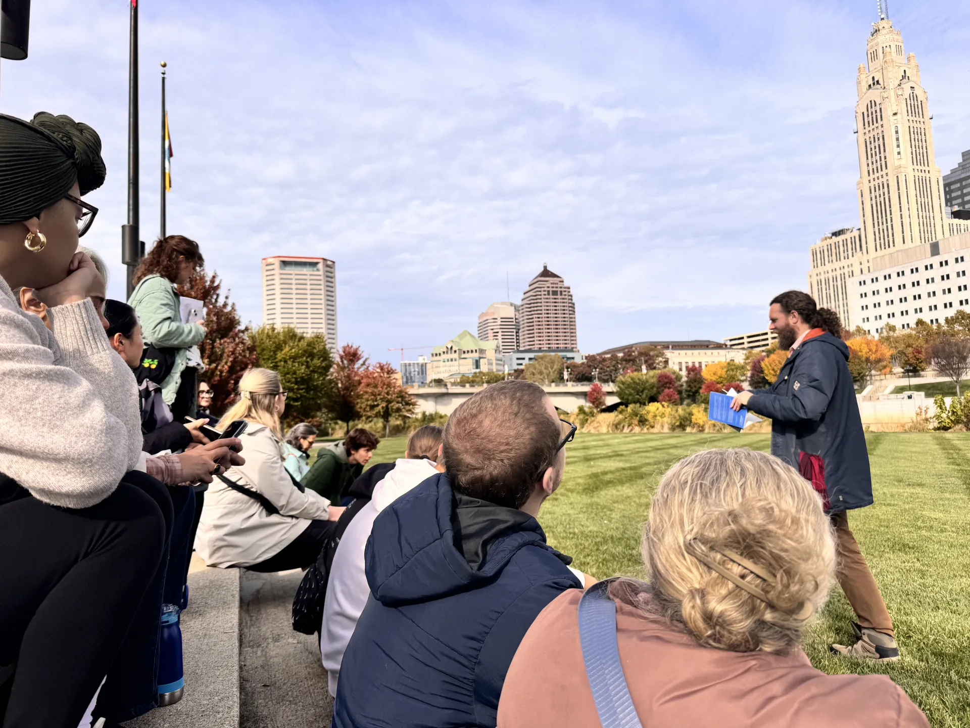 richard talking to a crowd in downtown Columbus at the poetry walk