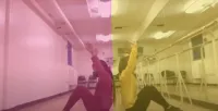 Art Scholars Engage the Arts exhibition header, shows two girls sitting back to back in a dance studio with two different color overlays creating a divide between them