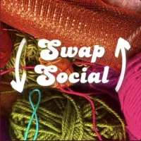 Yarn in the background of a "Swap Social" Logo
